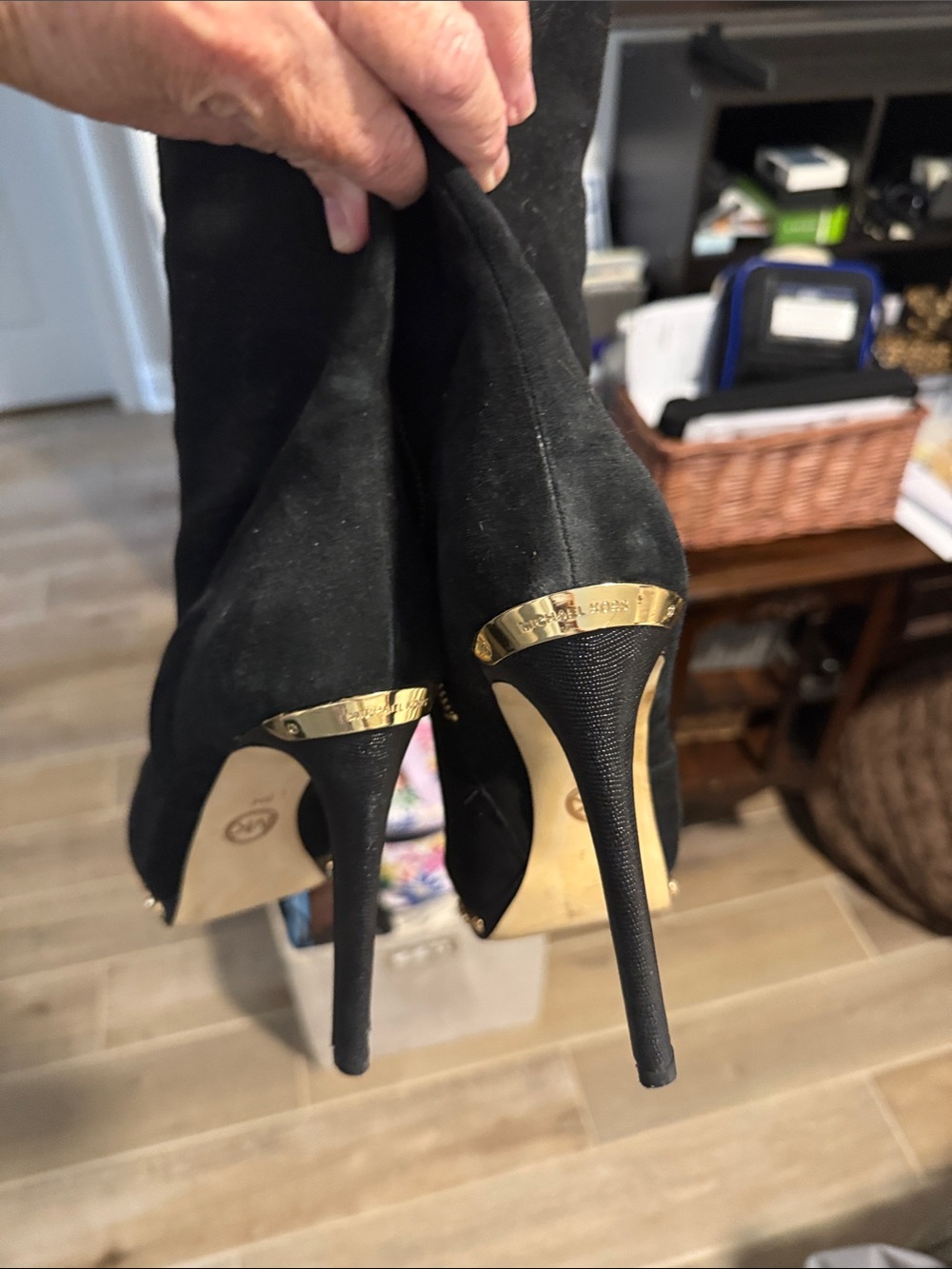 Michael Kors Black Suede Over-the-Knee Stiletto Boots with Gold Stud Trim - Picture 3 of 3